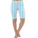 Vertical Stripes - White and Celeste Cyan Cropped Leggings