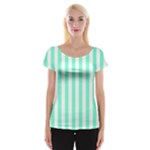 Vertical Stripes - White and Aquamarine Women s Cap Sleeve Top