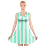 Vertical Stripes - White and Aquamarine V-Neck Sleeveless Dress