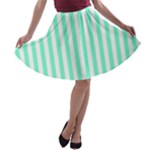 Vertical Stripes - White and Aquamarine A-line Skater Skirt