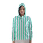 Vertical Stripes - White and Aquamarine Hooded Wind Breaker (Women)
