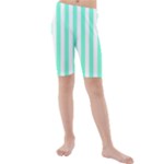 Vertical Stripes - White and Aquamarine Kid s Mid Length Swim Shorts