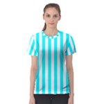 Vertical Stripes - White and Aqua Cyan Women s Sport Mesh Tee