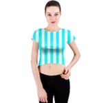 Vertical Stripes - White and Aqua Cyan Crew Neck Crop Top