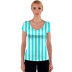 Vertical Stripes - White and Aqua Cyan Women s V-Neck Cap Sleeve Top