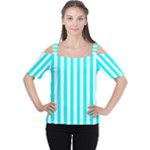 Vertical Stripes - White and Aqua Cyan Women s Cutout Shoulder Tee
