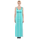 Vertical Stripes - White and Aqua Cyan Maxi Thigh Split Dress