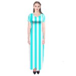 Vertical Stripes - White and Aqua Cyan Short Sleeve Maxi Dress