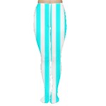 Vertical Stripes - White and Aqua Cyan Women s Tights