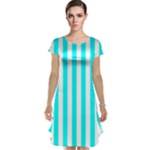Vertical Stripes - White and Aqua Cyan Cap Sleeve Nightdress