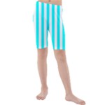 Vertical Stripes - White and Aqua Cyan Kid s Mid Length Swim Shorts