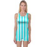 Vertical Stripes - White and Aqua Cyan One Piece Boyleg Swimsuit