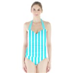 Vertical Stripes - White and Aqua Cyan Women s Halter One Piece Swimsuit
