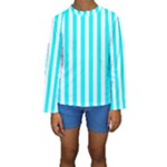 Vertical Stripes - White and Aqua Cyan Kid s Long Sleeve Swimwear