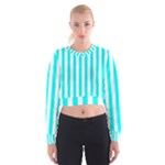 Vertical Stripes - White and Aqua Cyan Women s Cropped Sweatshirt