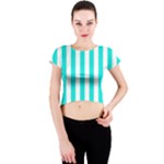 Vertical Stripes - White and Bright Turquoise Crew Neck Crop Top