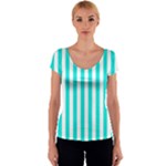 Vertical Stripes - White and Bright Turquoise Women s V-Neck Cap Sleeve Top