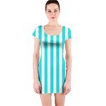 Vertical Stripes - White and Bright Turquoise Short Sleeve Bodycon Dress