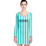 Vertical Stripes - White and Bright Turquoise Long Sleeve Velvet Bodycon Dress