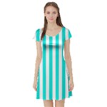 Vertical Stripes - White and Bright Turquoise Short Sleeve Skater Dress