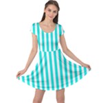 Vertical Stripes - White and Bright Turquoise Cap Sleeve Dress