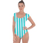 Vertical Stripes - White and Bright Turquoise Short Sleeve Leotard (Ladies)