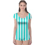 Vertical Stripes - White and Bright Turquoise Boyleg Leotard (Ladies)