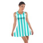 Vertical Stripes - White and Bright Turquoise Cotton Racerback Dress