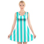 Vertical Stripes - White and Bright Turquoise V-Neck Sleeveless Dress