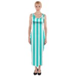 Vertical Stripes - White and Bright Turquoise Fitted Maxi Dress