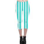 Vertical Stripes - White and Bright Turquoise Capri Leggings