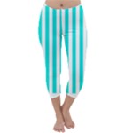 Vertical Stripes - White and Bright Turquoise Capri Winter Leggings