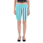 Vertical Stripes - White and Bright Turquoise Yoga Cropped Leggings