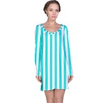 Vertical Stripes - White and Bright Turquoise Long Sleeve Nightdress