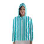Vertical Stripes - White and Bright Turquoise Hooded Wind Breaker (Women)