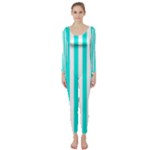 Vertical Stripes - White and Bright Turquoise Long Sleeve Catsuit