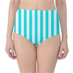 Vertical Stripes - White and Bright Turquoise High-Waist Bikini Bottoms