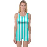 Vertical Stripes - White and Bright Turquoise One Piece Boyleg Swimsuit