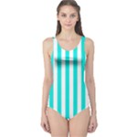 Vertical Stripes - White and Bright Turquoise One Piece Swimsuit