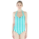 Vertical Stripes - White and Bright Turquoise Women s Halter One Piece Swimsuit
