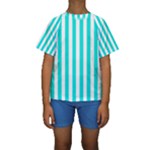 Vertical Stripes - White and Bright Turquoise Kid s Short Sleeve Swimwear