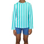 Vertical Stripes - White and Bright Turquoise Kid s Long Sleeve Swimwear