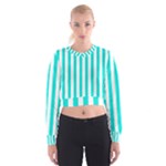 Vertical Stripes - White and Bright Turquoise Women s Cropped Sweatshirt