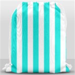 Vertical Stripes - White and Bright Turquoise Drawstring Bag (Large)