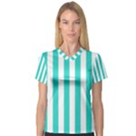 Vertical Stripes - White and Turquoise Women s V-Neck Sport Mesh Tee
