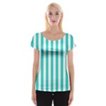 Vertical Stripes - White and Turquoise Women s Cap Sleeve Top