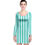 Vertical Stripes - White and Turquoise Long Sleeve Velvet Bodycon Dress