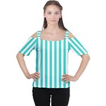 Vertical Stripes - White and Turquoise Women s Cutout Shoulder Tee
