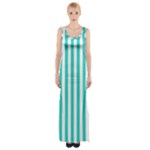 Vertical Stripes - White and Turquoise Maxi Thigh Split Dress