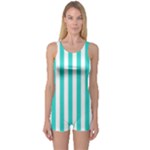 Vertical Stripes - White and Turquoise One Piece Boyleg Swimsuit